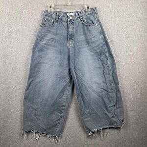 Lewkin Jeans Womens Medium Blue Wide Leg High Rise Raw Hem Cropped Denim Pants